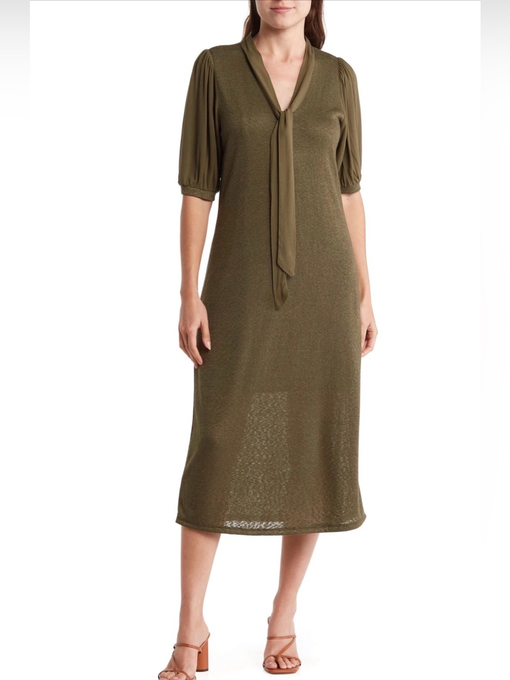 Bobeau Olive Tie-Neck Puff Sleeve Top